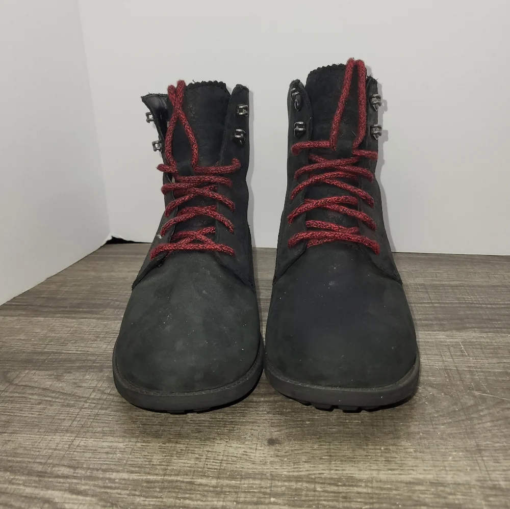Women’s Black Suede Lace-Up Ankle Boots with Red Laces
